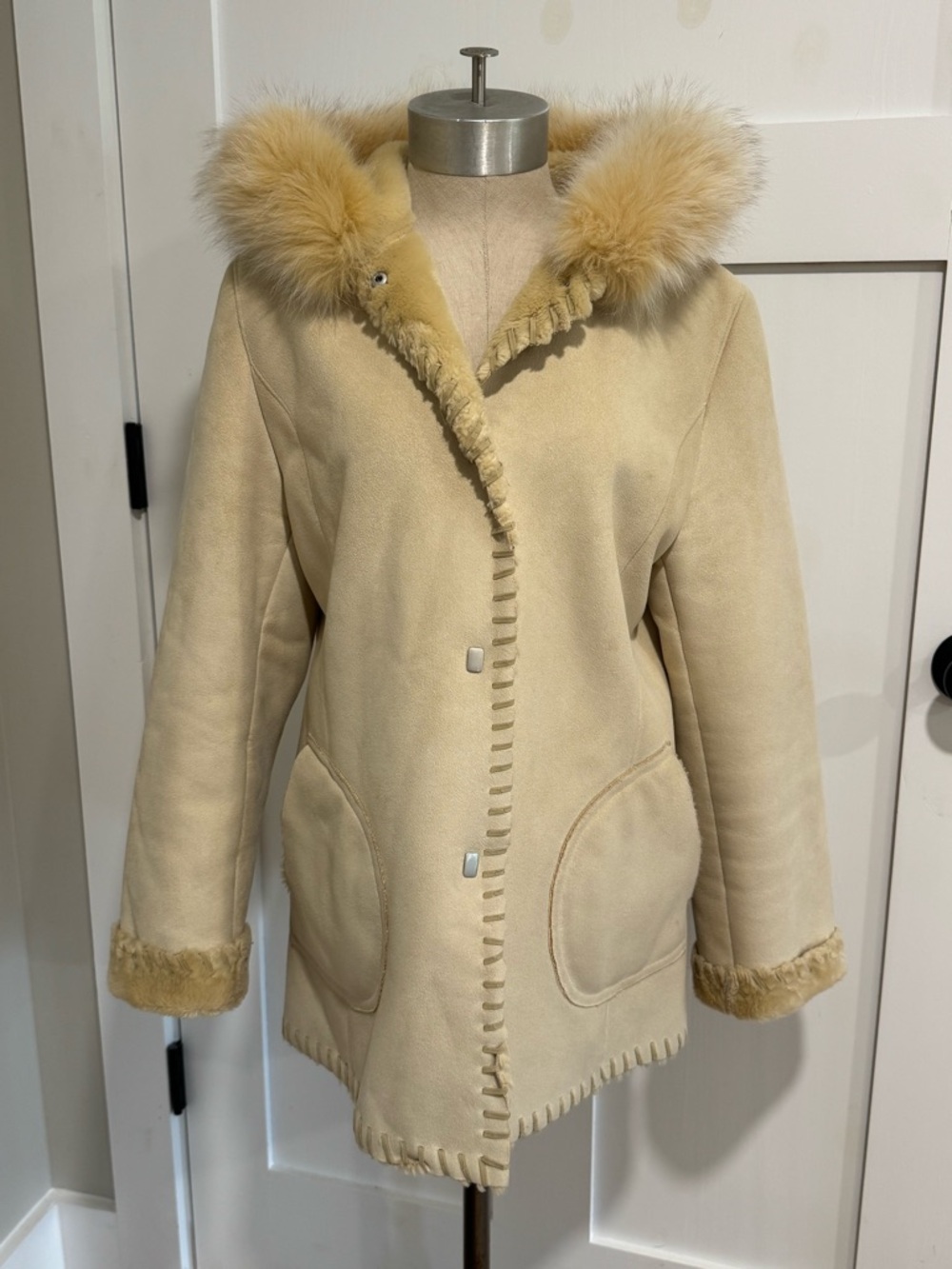 Vintage Marvin Richards Cream Faux-Shearling Hooded Teddy Coat with Fox Trim